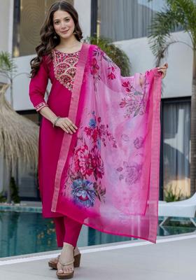 Magenta Embroidered Silk Kurta Set