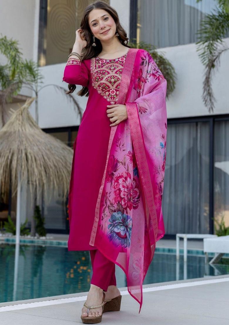 Magenta Embroidered Silk Kurta Set - Indya
