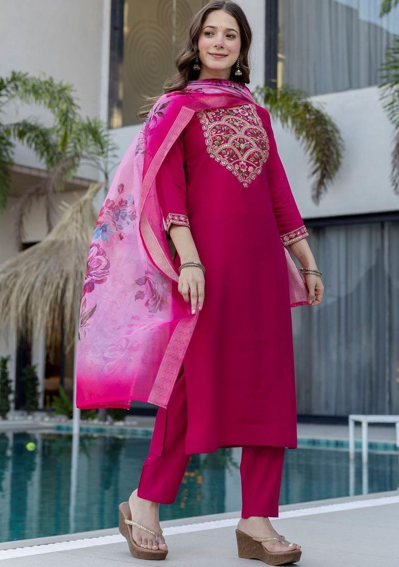 Magenta Embroidered Silk Kurta Set - Indya