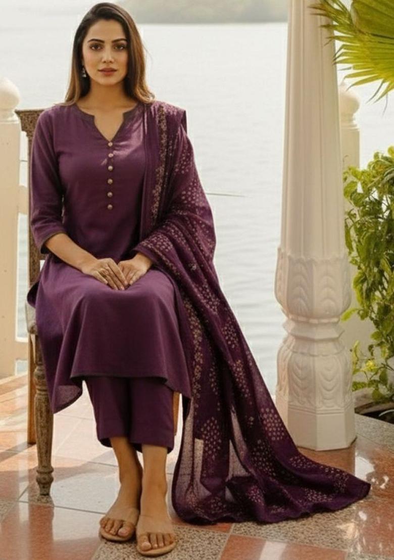 Purple Solid Viscose Kurta Set - Indya