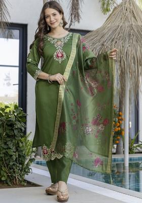 Olive Embroidered Silk Kurta Set