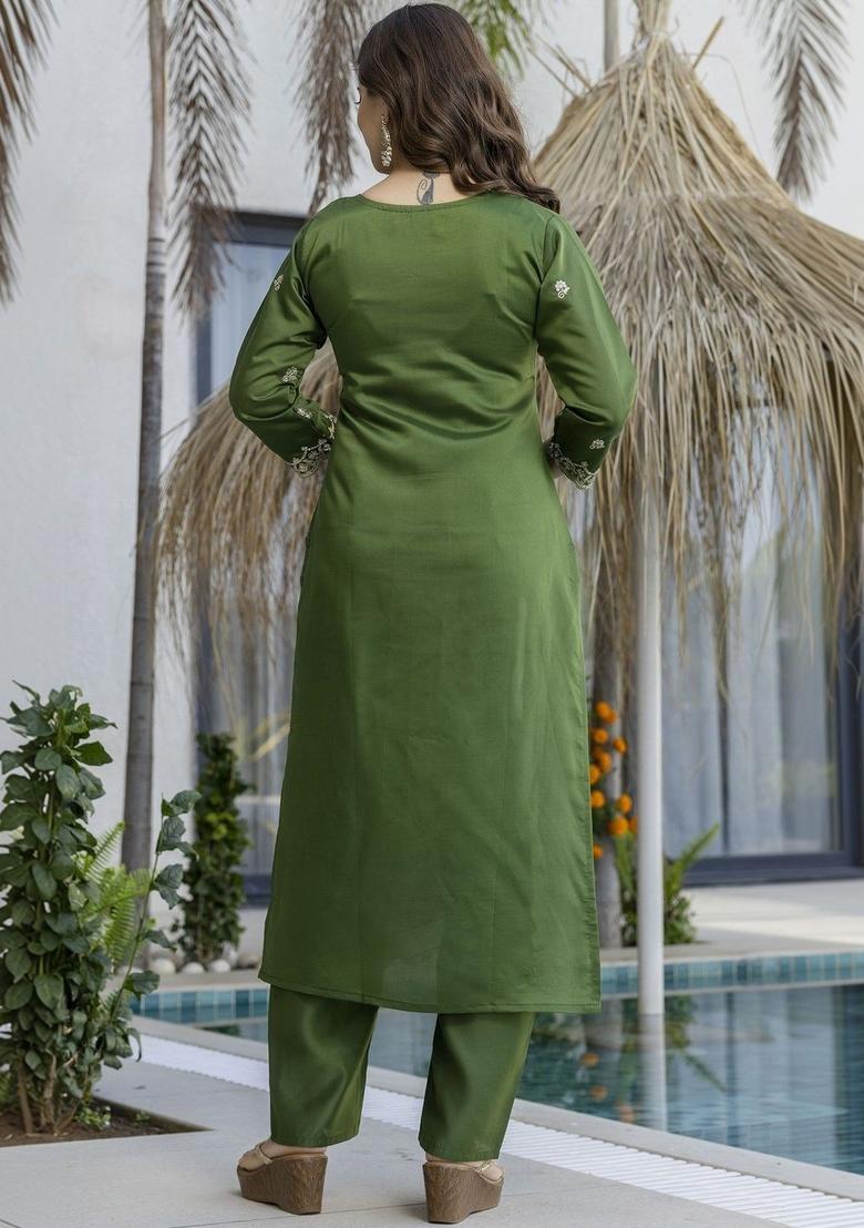 Olive Embroidered Silk Kurta Set - Indya