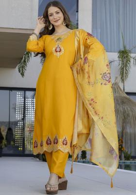 Yellow Embroidered Silk Kurta Set