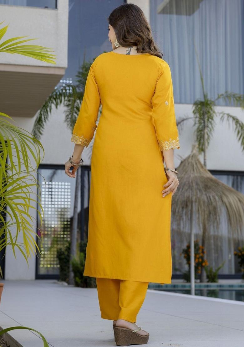 Yellow Embroidered Silk Kurta Set - Indya