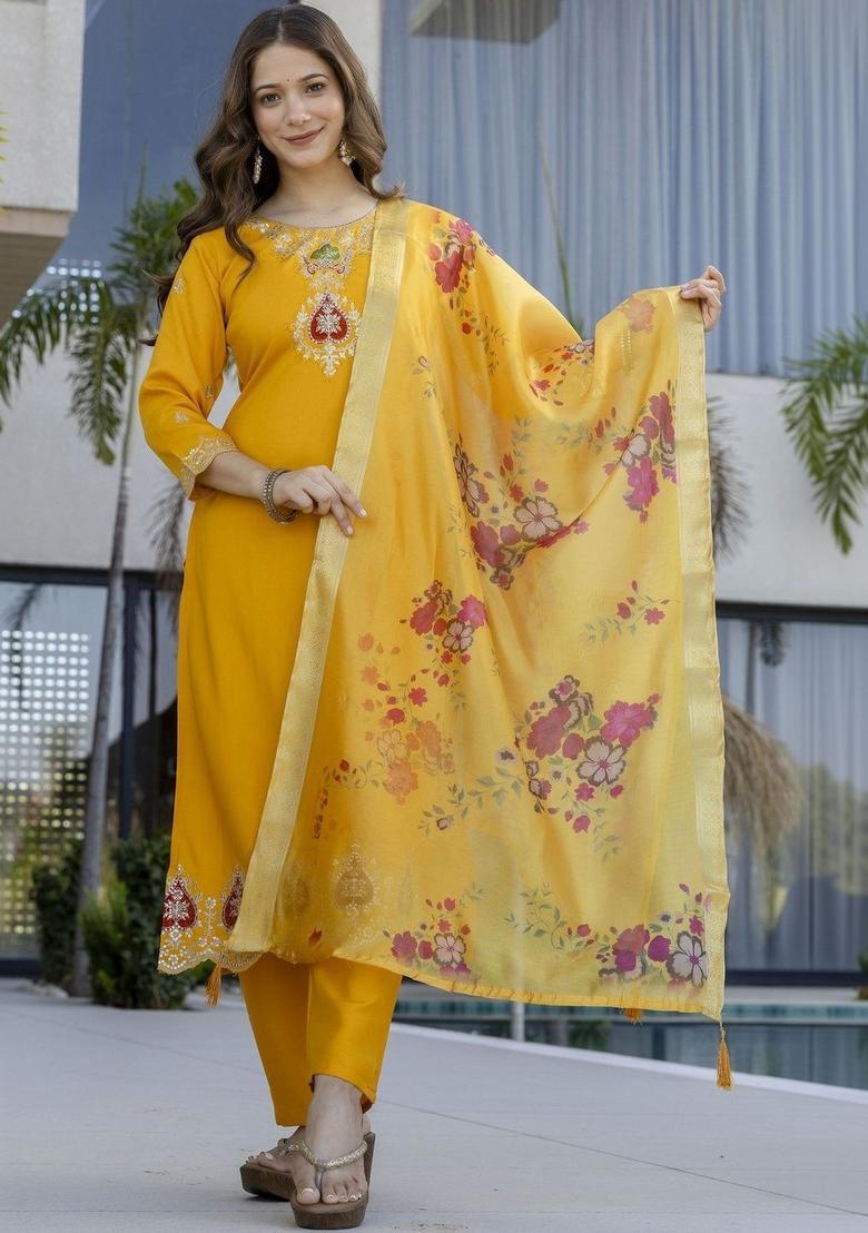 Yellow Embroidered Silk Kurta Set - Indya