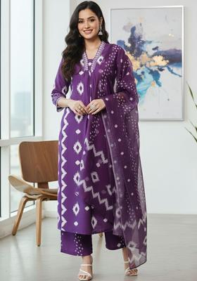 Purple Printed Viscose Kurta Set