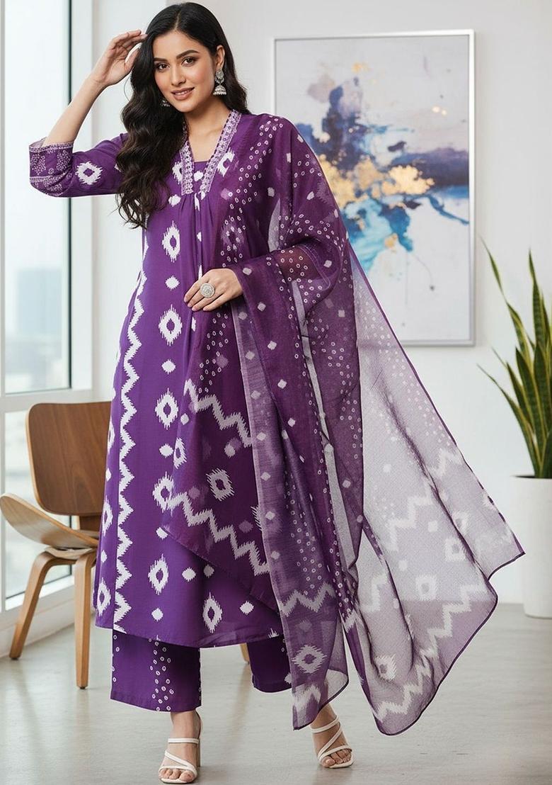 Purple Printed Viscose Kurta Set - Indya