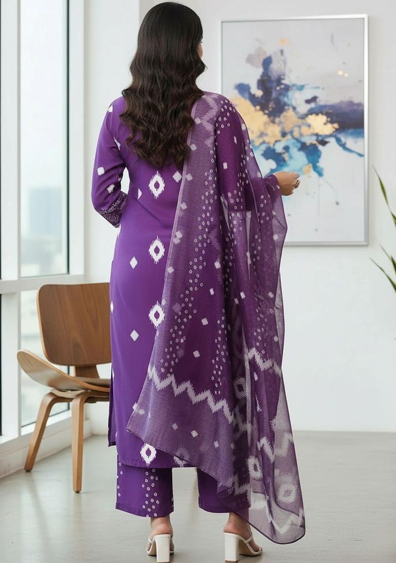 Purple Printed Viscose Kurta Set - Indya