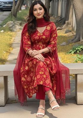 Red Printed Viscose Kurta Set