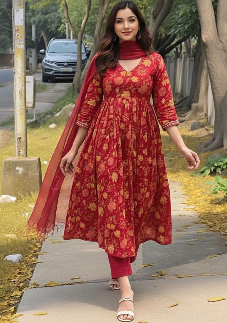 Red Printed Viscose Kurta Set - Indya