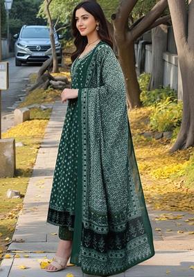Green Printed Viscose Kurta Set