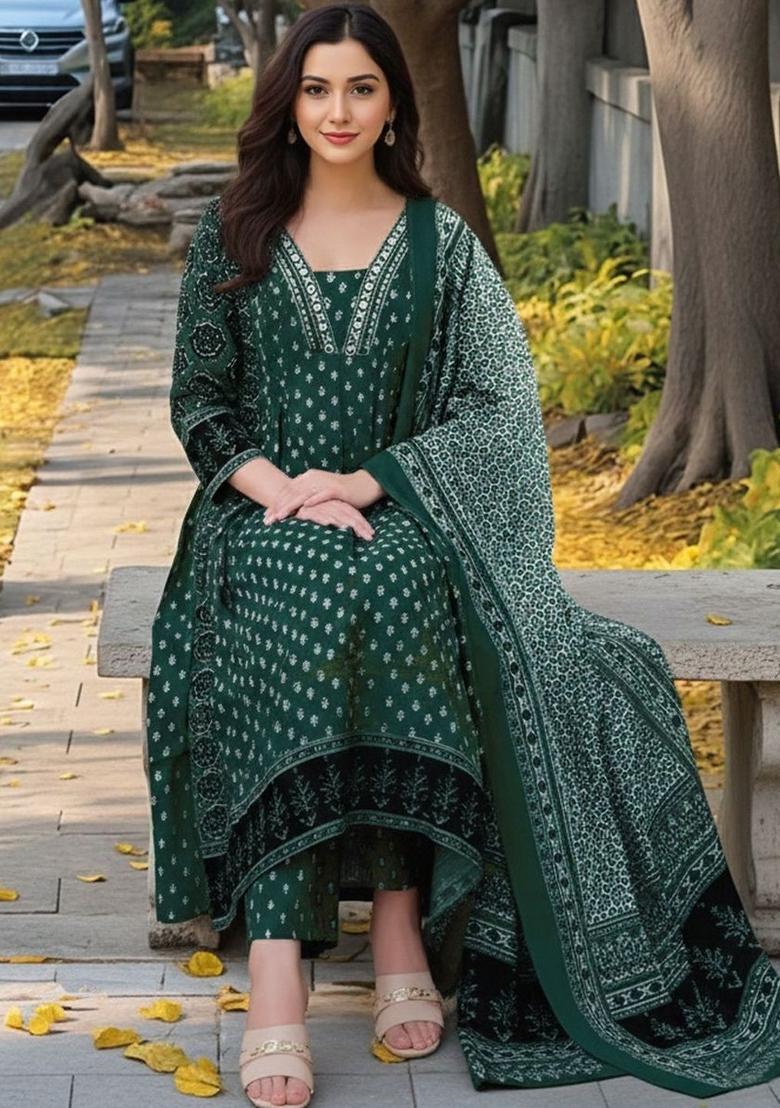 Green Printed Viscose Kurta Set - Indya