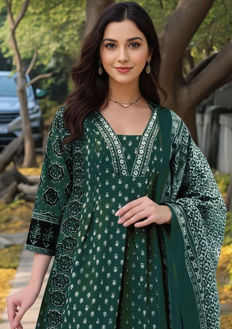 Green Printed Viscose Kurta Set - Indya