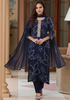 Navy Blue Printed Viscose Kurta Set