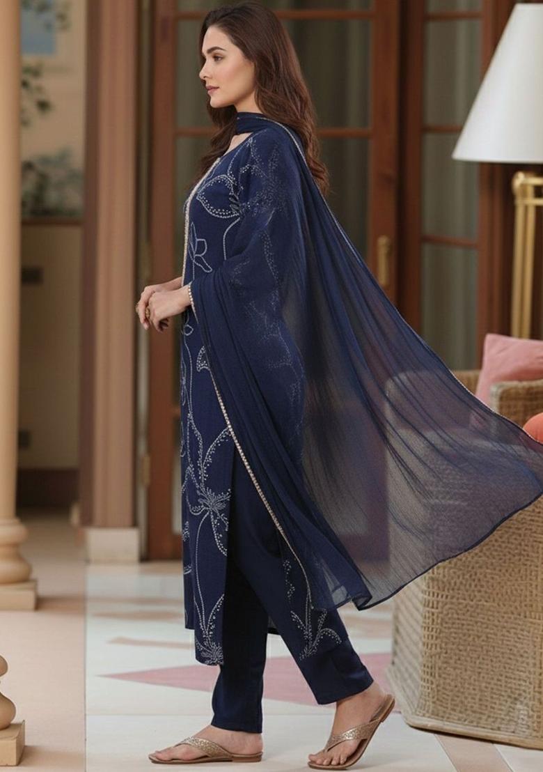 Navy Blue Printed Viscose Kurta Set - Indya