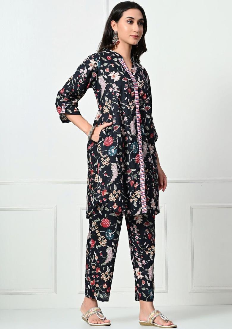 Black Printed Cotton Kurta Set - Indya