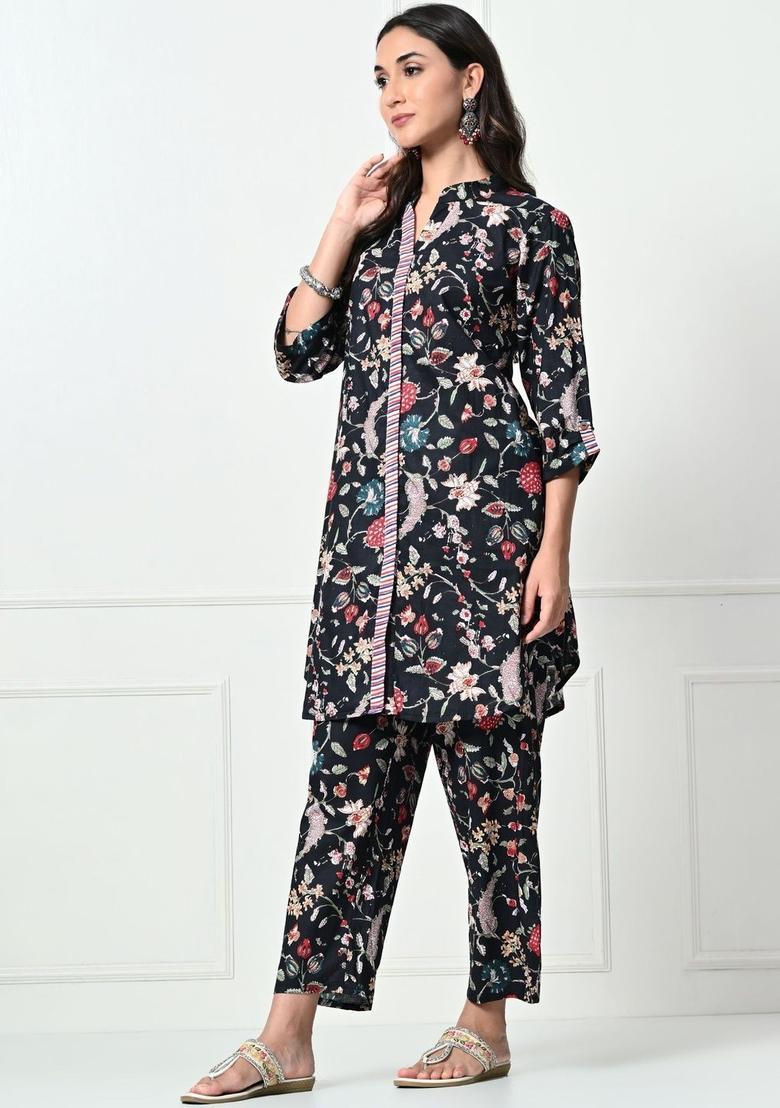 Black Printed Cotton Kurta Set - Indya