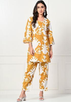 Mustard Printed Cotton Kurta Set