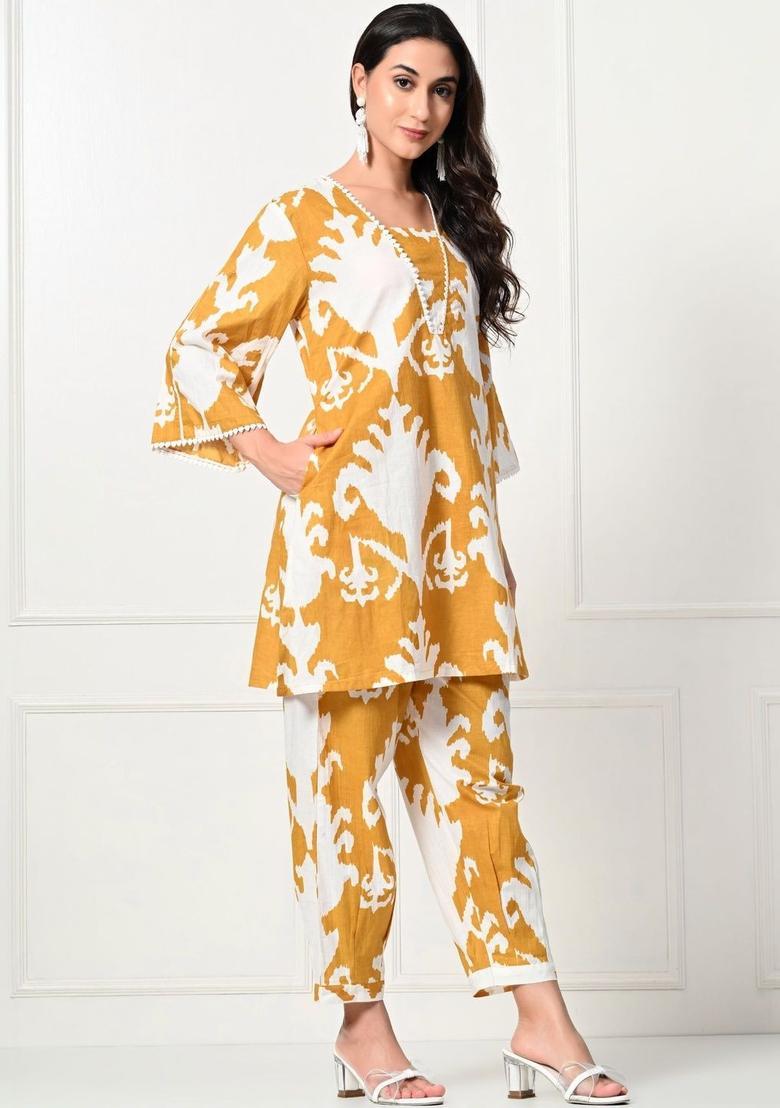 Mustard Printed Cotton Kurta Set - Indya