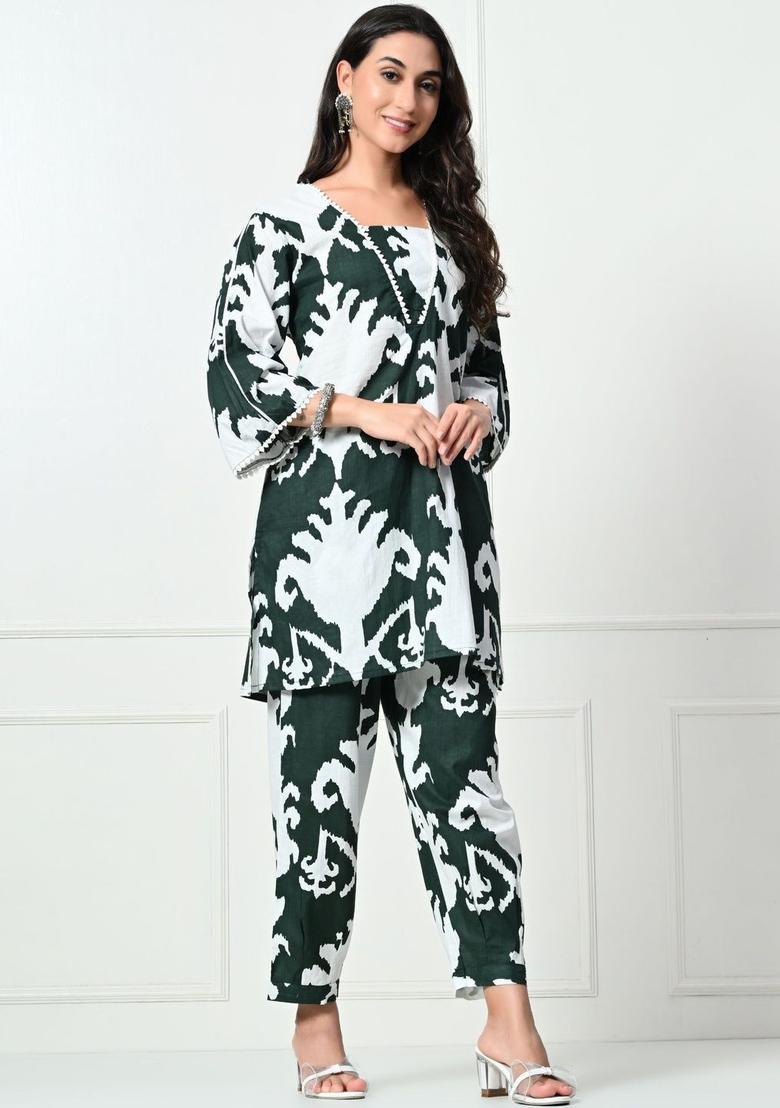Green Printed Cotton Kurta Set - Indya