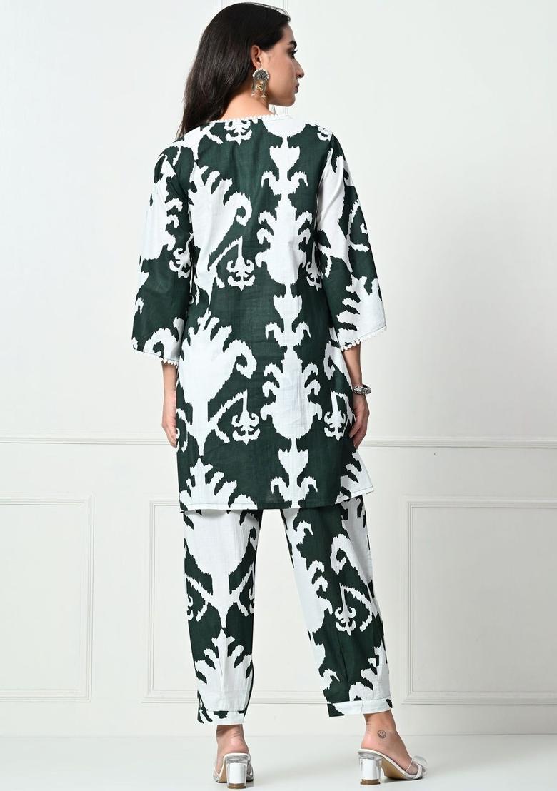 Green Printed Cotton Kurta Set - Indya