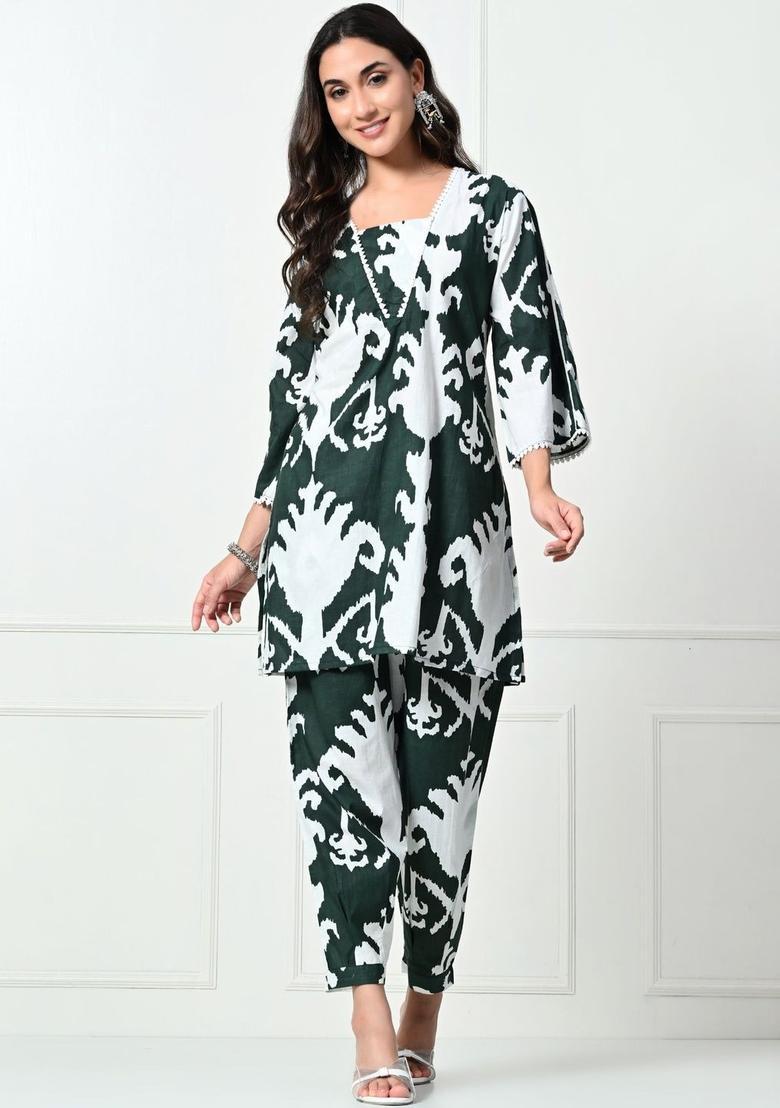 Green Printed Cotton Kurta Set - Indya