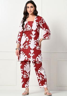 Red Printed Cotton Kurta Set