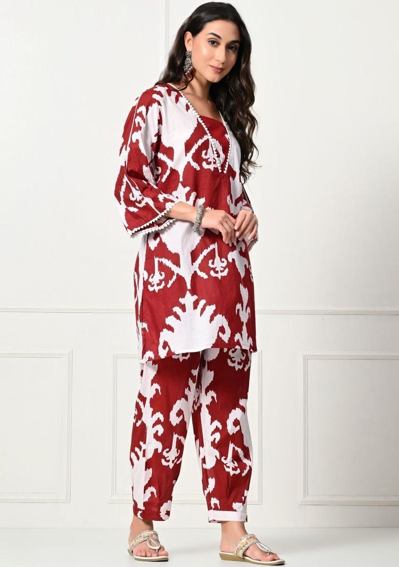 Red Printed Cotton Kurta Set - Indya