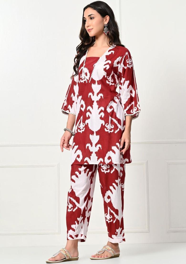Red Printed Cotton Kurta Set - Indya
