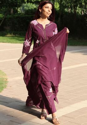 Purple Printed Viscose Kurta Set