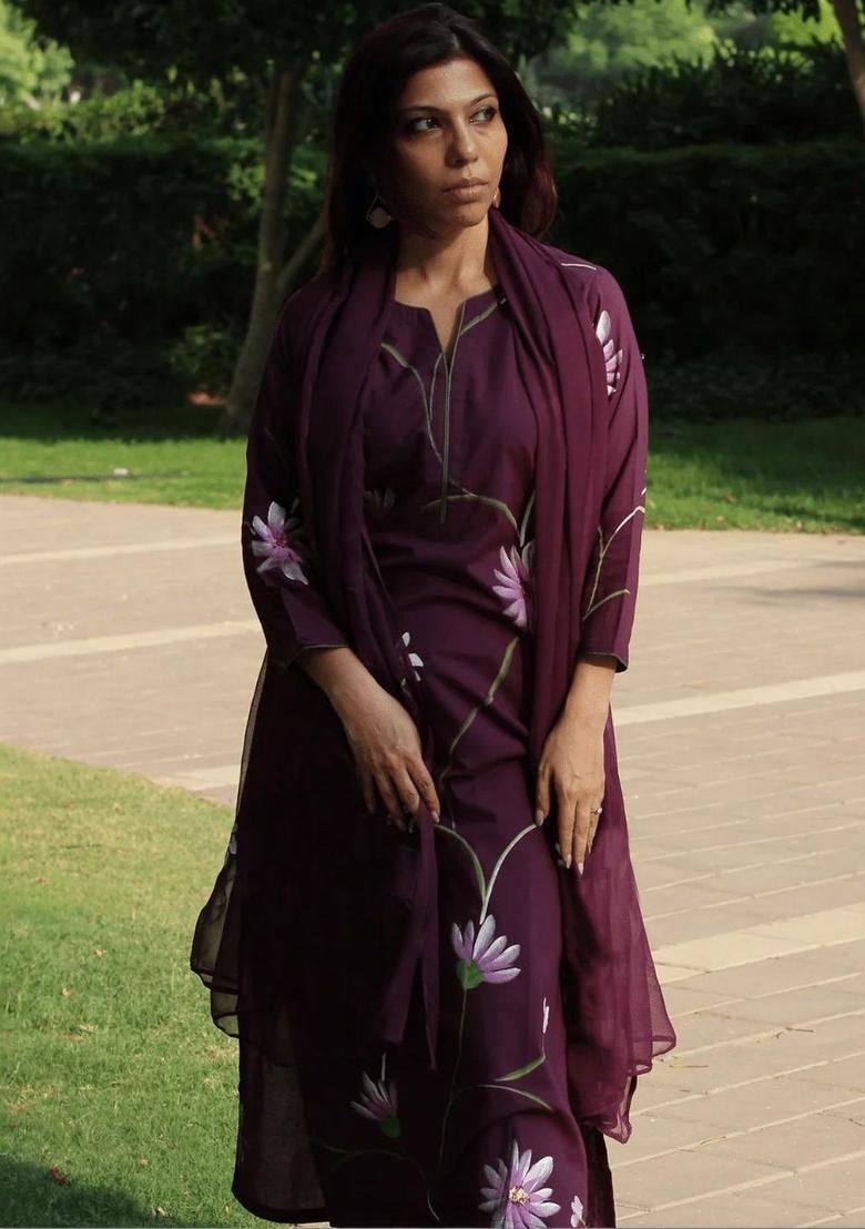 Purple Printed Viscose Kurta Set - Indya
