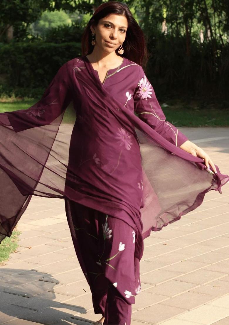 Purple Printed Viscose Kurta Set - Indya