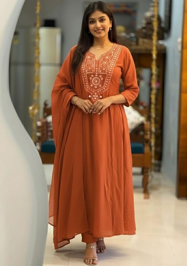 Orange Embroidered Viscose Kurta Set - Indya