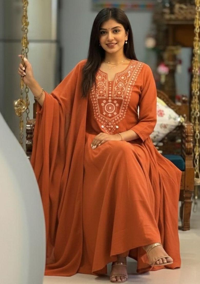 Orange Embroidered Viscose Kurta Set - Indya