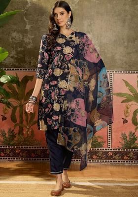 Navy Blue Printed Cotton Kurta Set