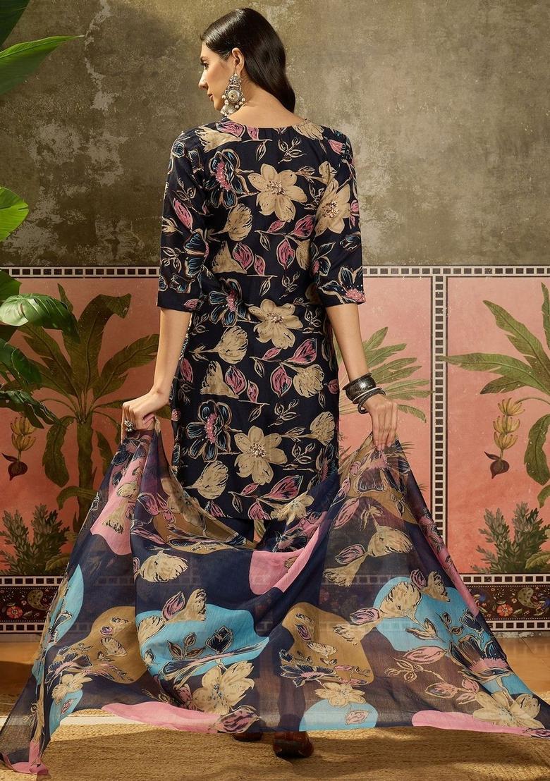 Navy Blue Printed Cotton Kurta Set - Indya