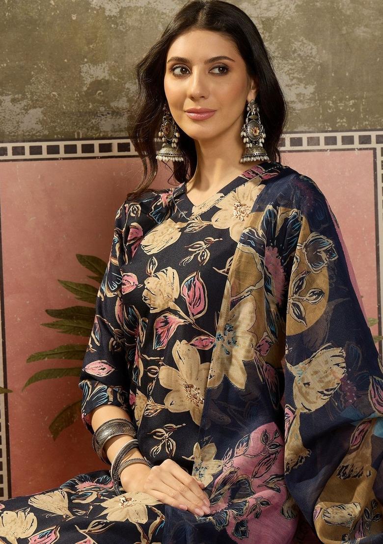 Navy Blue Printed Cotton Kurta Set - Indya