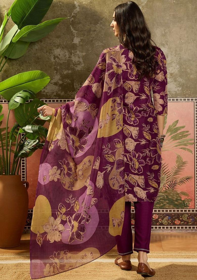 Purple Printed Cotton Kurta Set - Indya