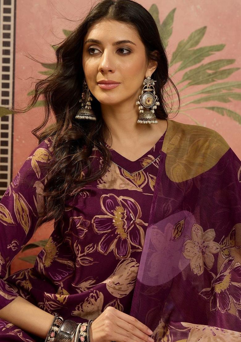 Purple Printed Cotton Kurta Set - Indya