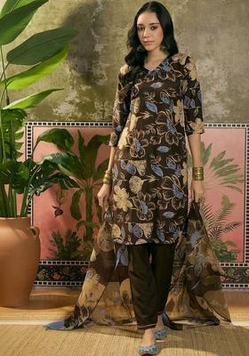 Brown Printed Cotton Kurta Set