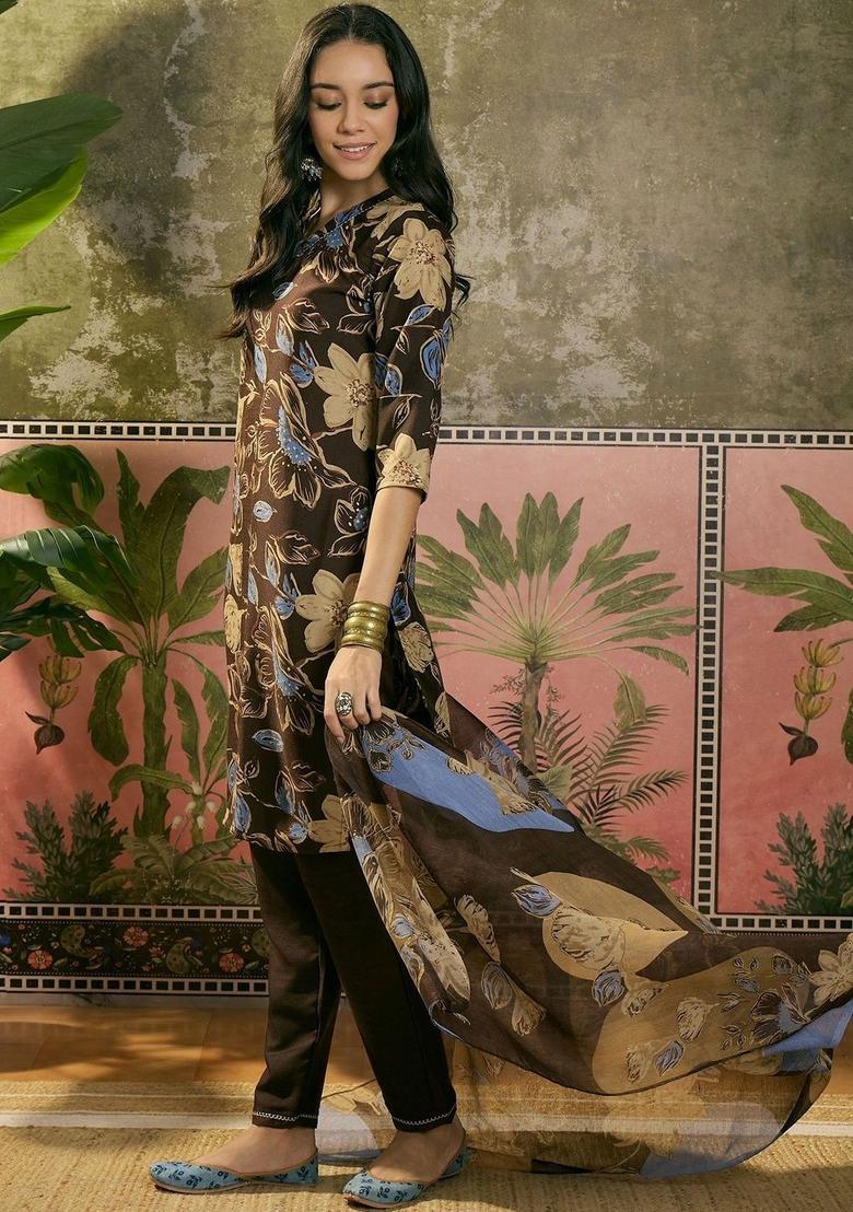 Brown Printed Cotton Kurta Set - Indya
