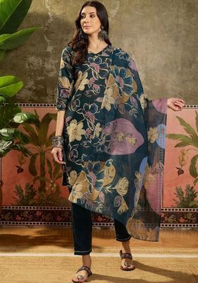 Teal Printed Cotton Kurta Set