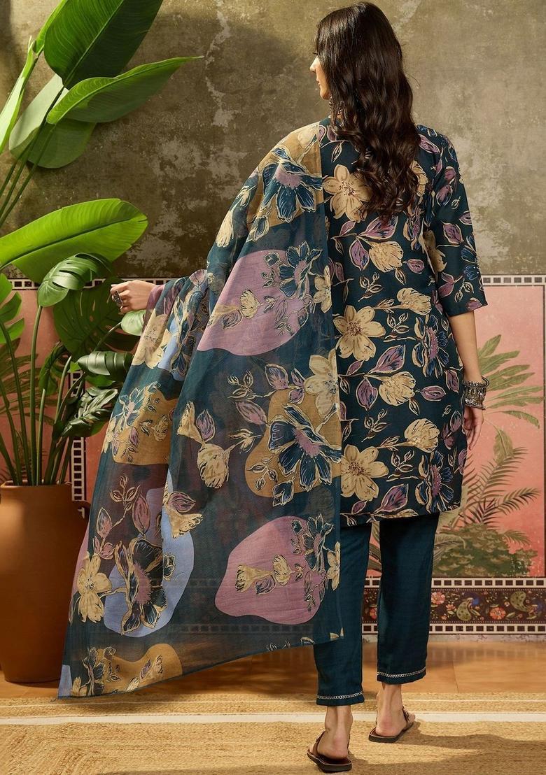 Teal Printed Cotton Kurta Set - Indya