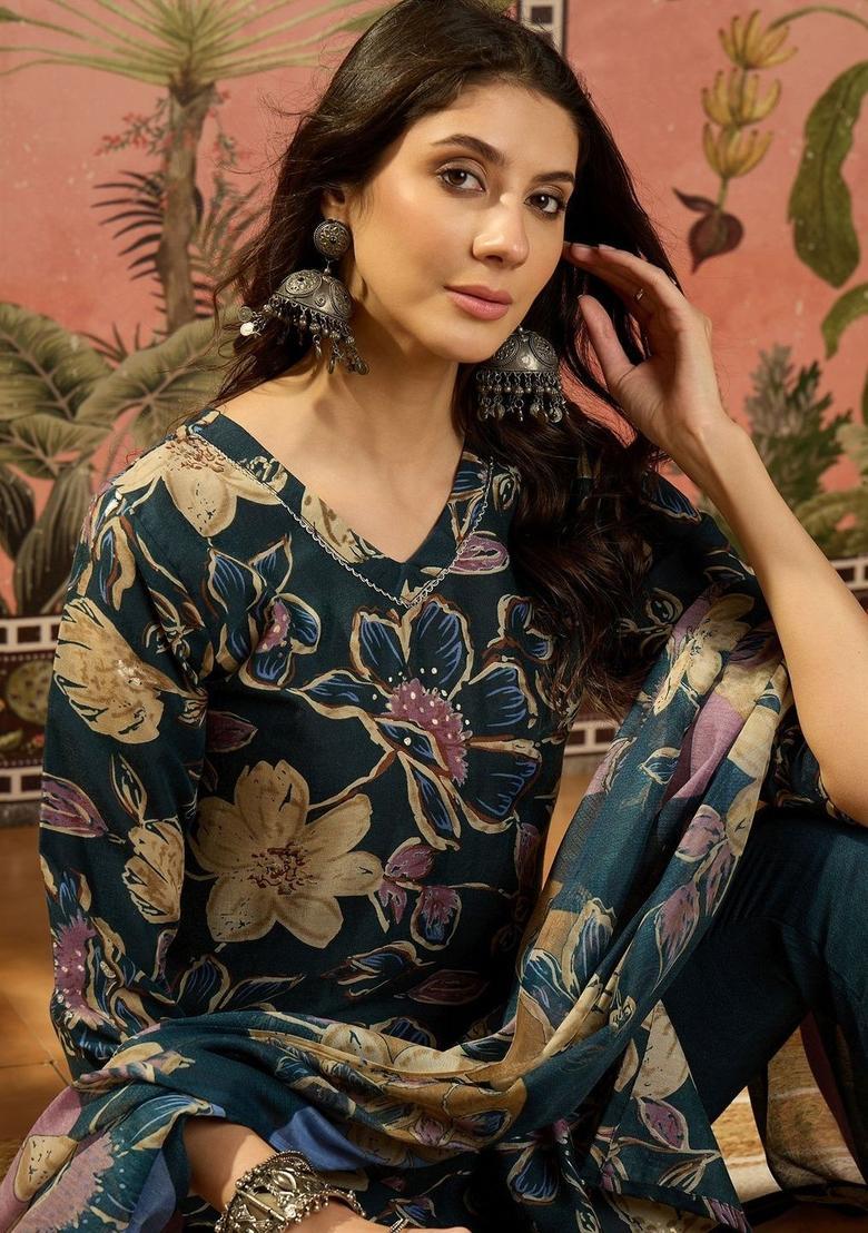 Teal Printed Cotton Kurta Set - Indya