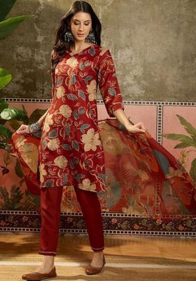 Red Printed Cotton Kurta Set