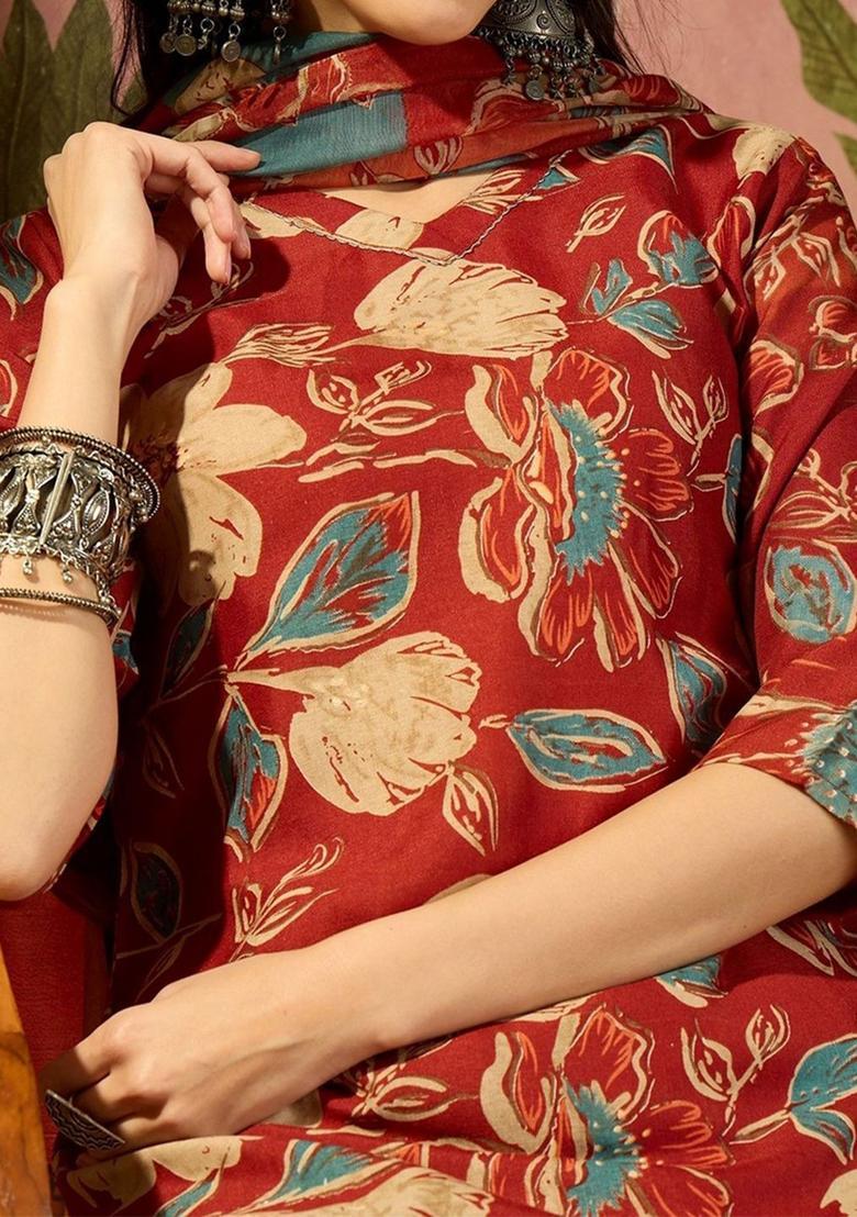 Red Printed Cotton Kurta Set - Indya