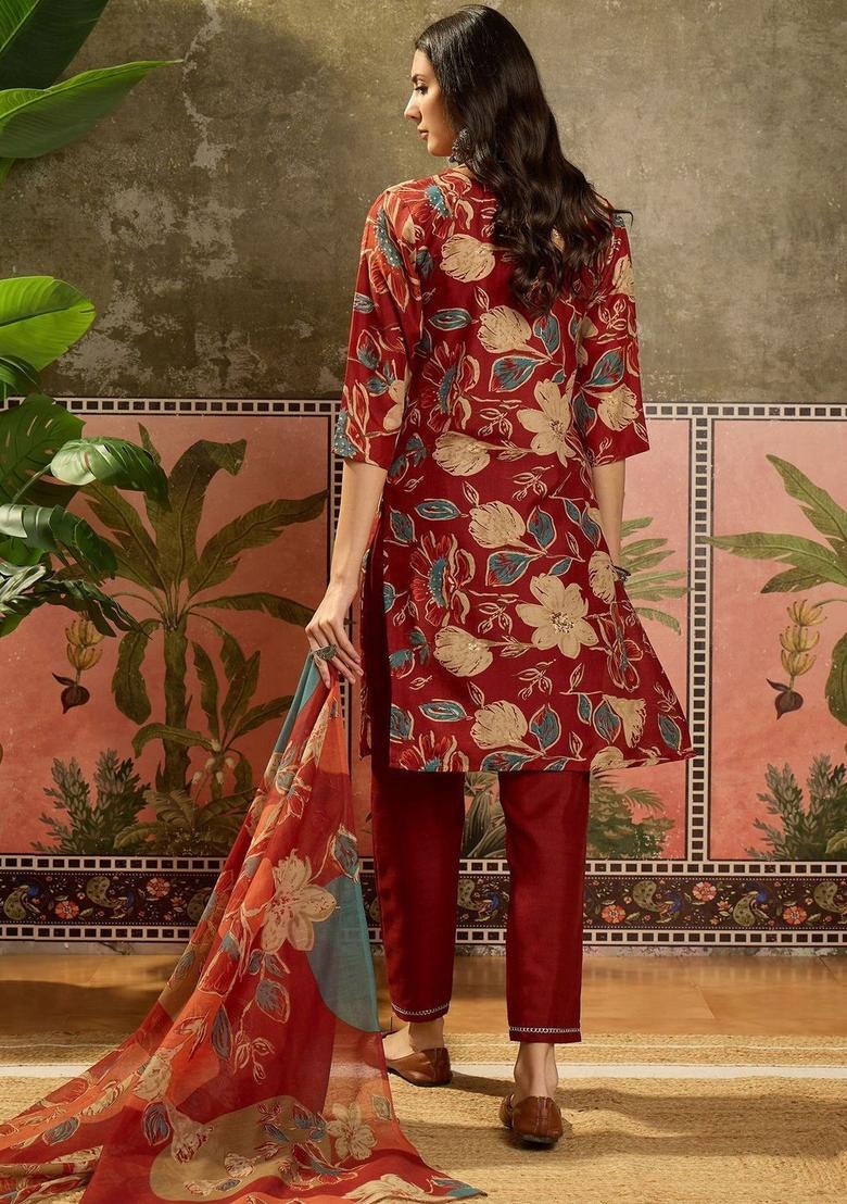 Red Printed Cotton Kurta Set - Indya