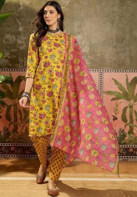 Yellow Printed Cotton Kurta Set