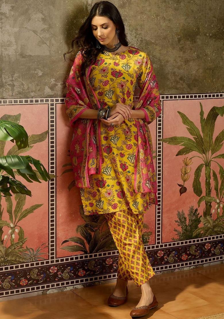Yellow Printed Cotton Kurta Set - Indya