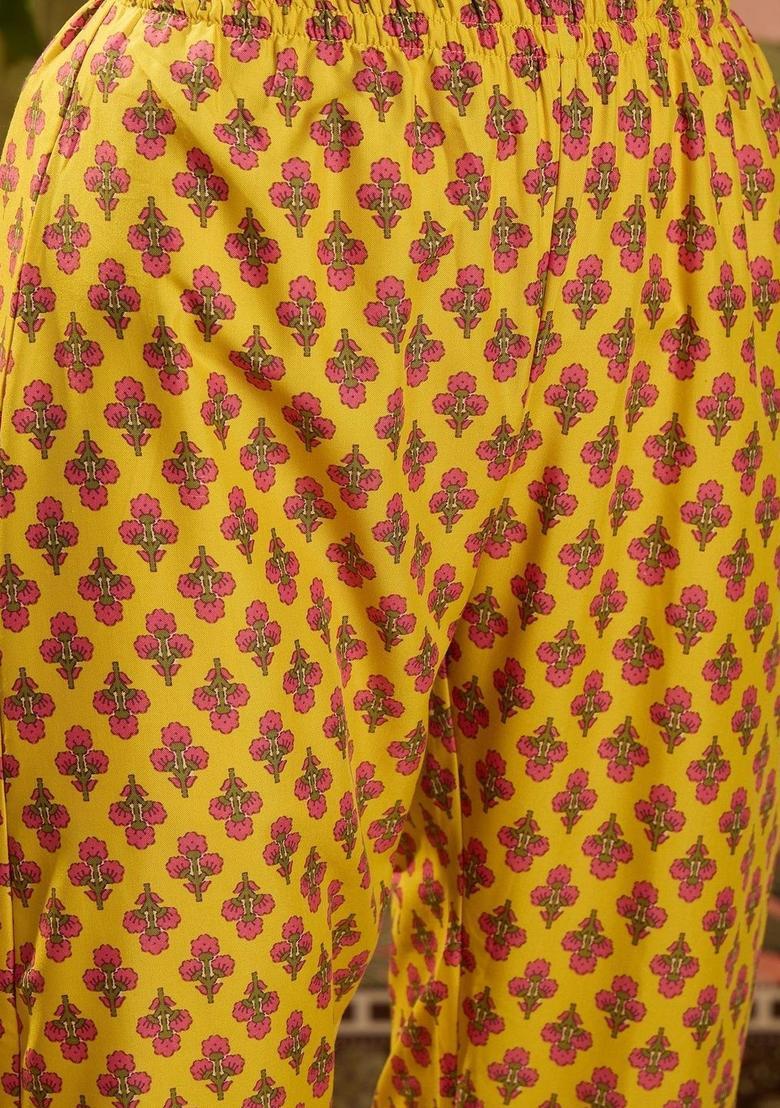 Yellow Printed Cotton Kurta Set - Indya